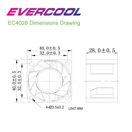 EVERCOOL 高品質PWM DCファンの寸法。